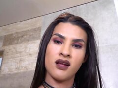 Busty latina trans babe with booty jerks