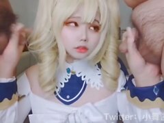 Super cute teen cosplay Asian prostitute and two fat guys fucking her hard anal