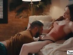 Fat stepdad gets bareback fucked by shemale stepdaughter