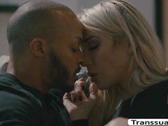 Shemale blonde Aubrey Kate lets her black neighbor fuck her ass