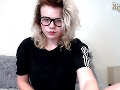 petite shemale cutie in glasses stroking her big cock until she cum shottting